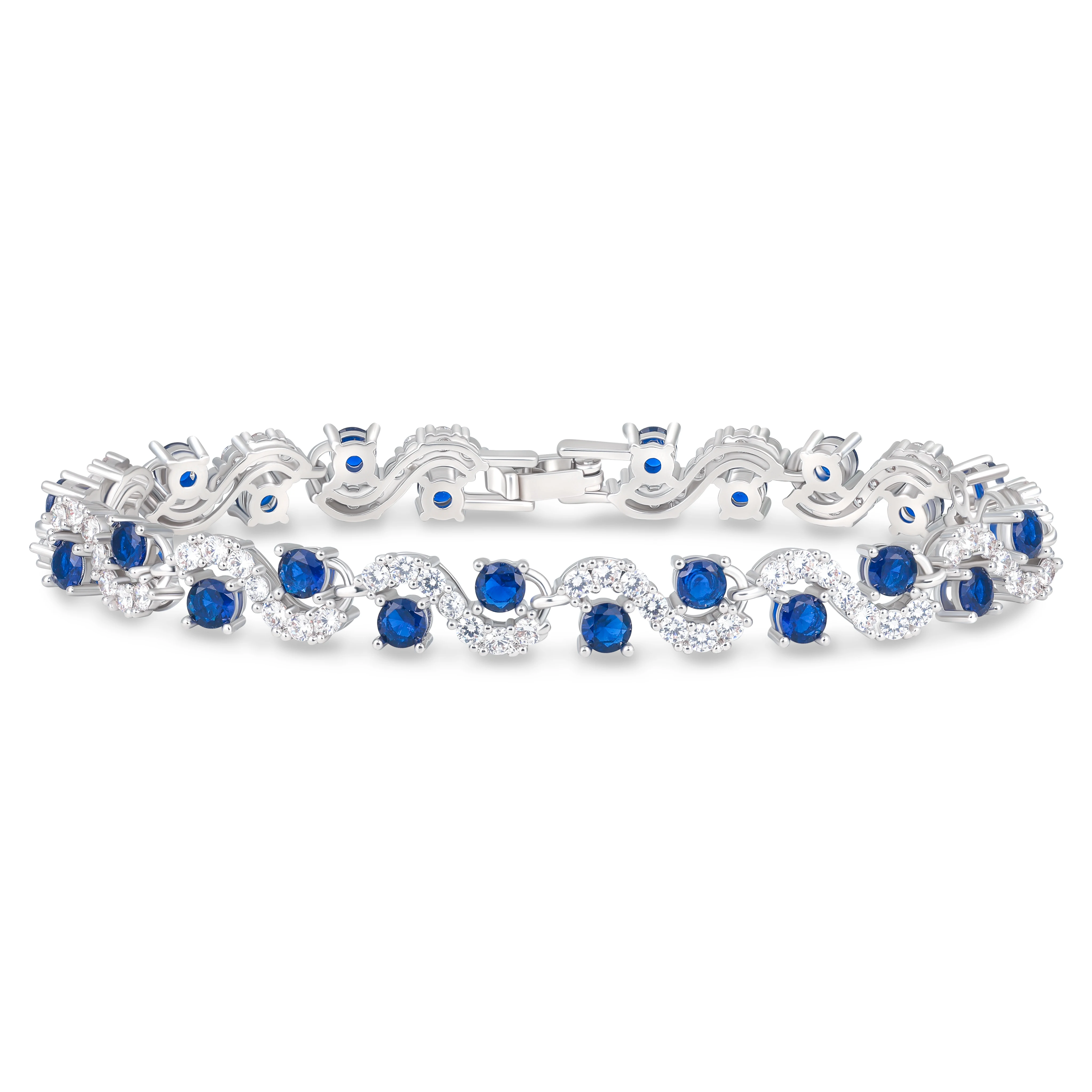Bracelet Tennis Vague Argentée pour Femme, Saphir Bleu Rond, Cristaux Scintillants, Zircon Cubique Blanc, Jonc à Maillons Ondulés, Bijou Élégant pour Mariage et Fête, Cadeau