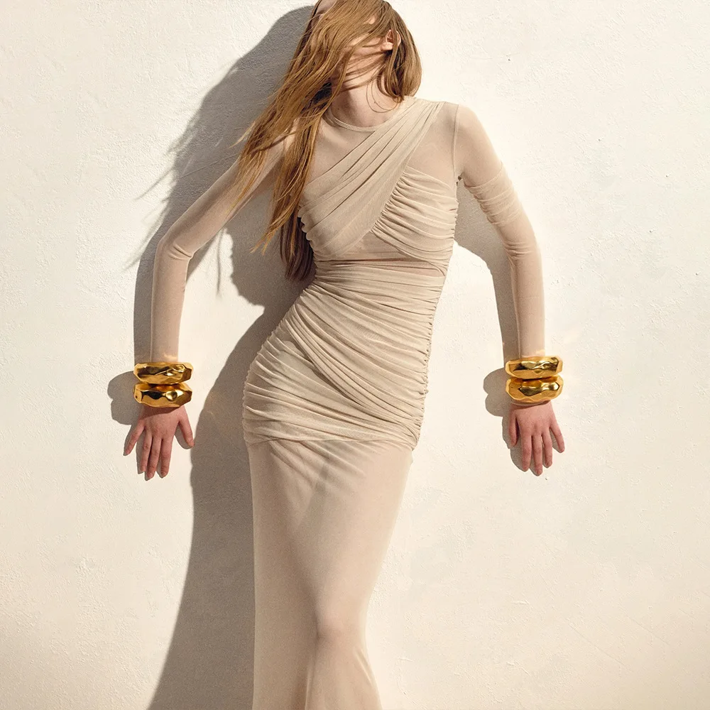 

Dresses Mesh Ruched Sexy Maxi Dress For Women Fashion Zipper Patchwork See Through Long Sleeve Elegant Club Party Long Dress