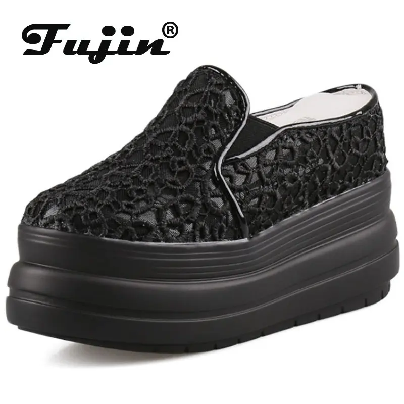 Fujin 10.5cm 10cm Air Mesh PU Leather donna scarpe Casual Platform Wedge Sneakers tacco grosso scarpe estive moda tacchi nascosti