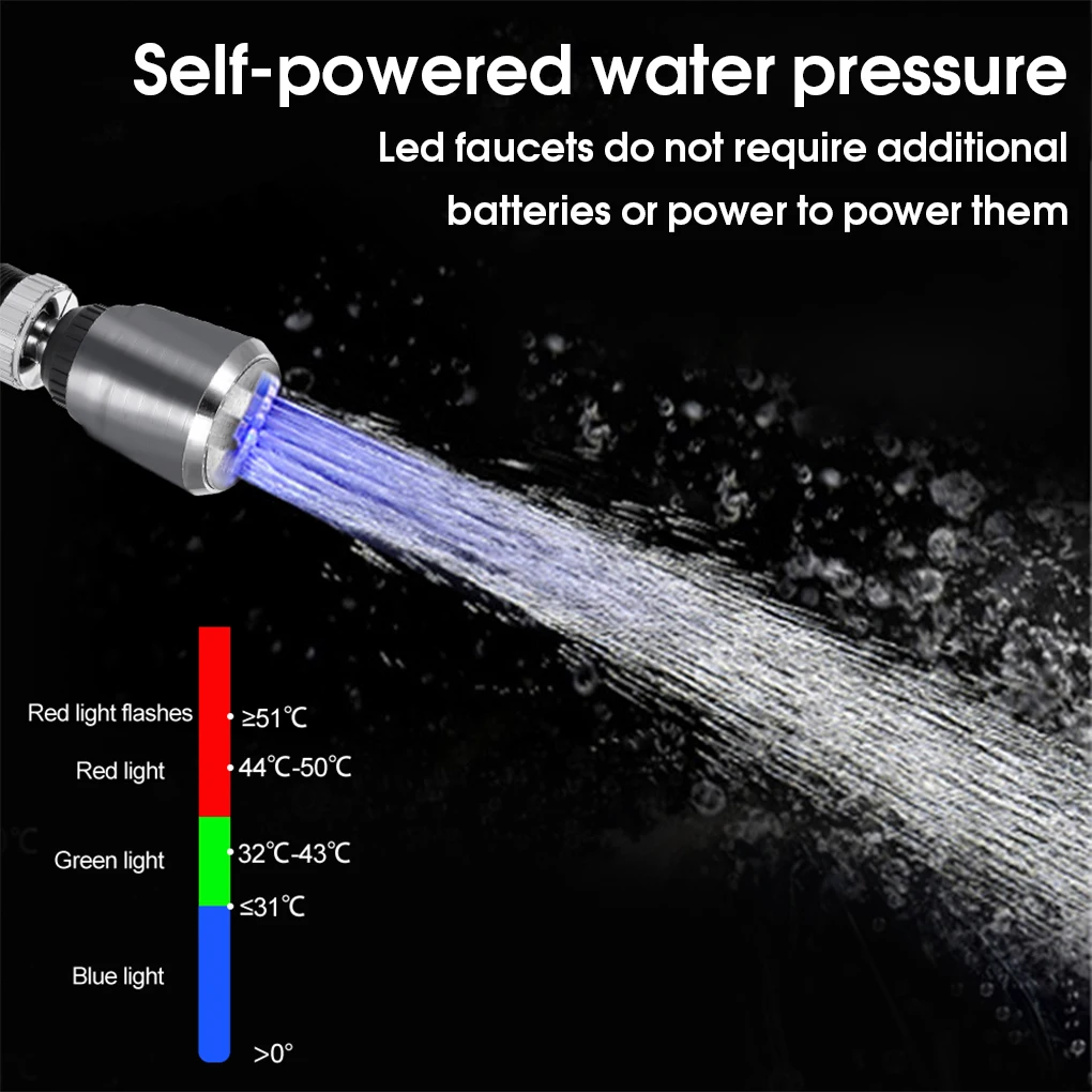 LED Lighting Water Faucet Temp Control Rgb Color Changing Tap Shower Head 360 Degree Heat-Resistant Sprayer Plastic Nozzle