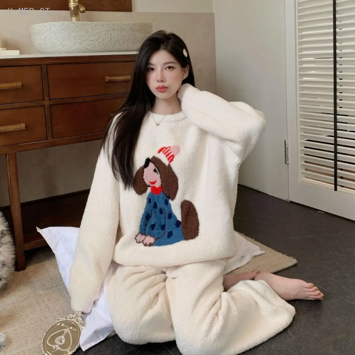 Women Autumn Winter Sweet Cartoon Half Sided Fleece Pajama Set Long Sleeve Thick Warm Soft Casual Loungewear Sleepwear