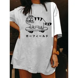 Funny Cat Printing Unisex Harajuku Style White T Shirts Short Sleeve Loose Cotton Summer Tops Crewneck Casual Aesthetic Tees