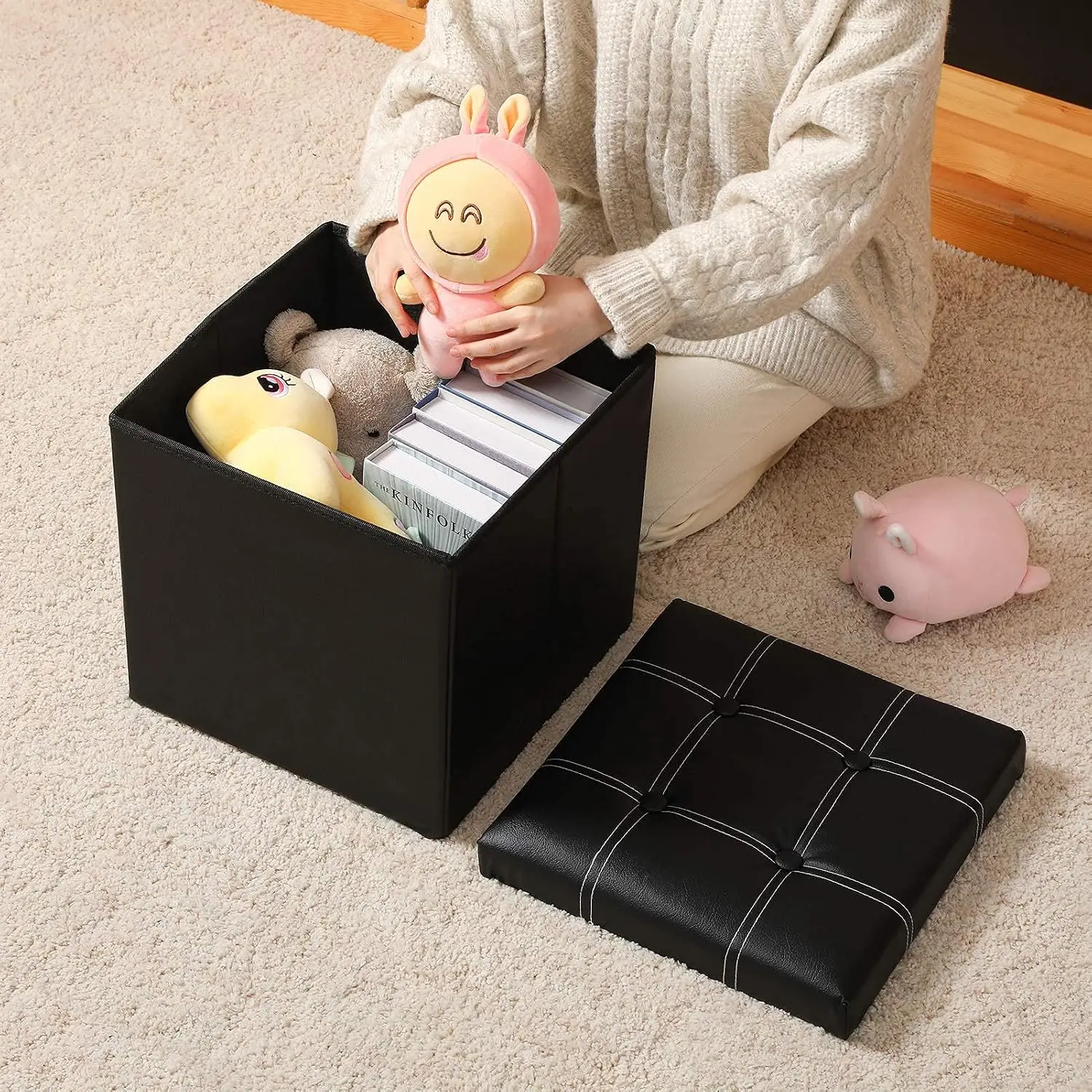 2 Pack Storage Ottoman 15 Inch Faux Leather Square Ottoman with Storage, Foot Rest Foot Stool Ottoman with Foam, Customized