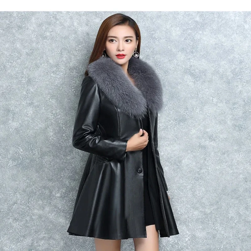 2023Winter Women Pu Leather Coat Mid-Long Big Fur Collar Fashion Thicken Warm Jacket Women Faux Leather Jacket Female Windbreake