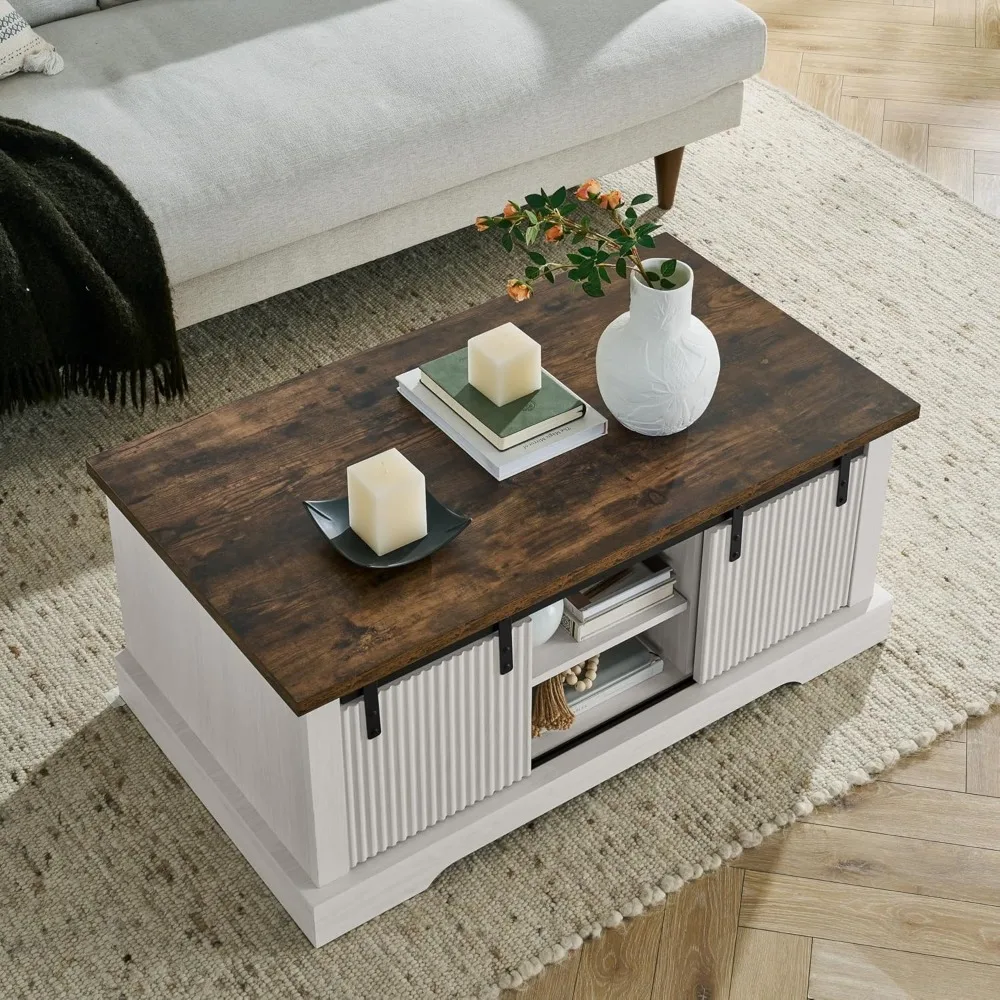 Rustic Farmhouse-Style Coffee Table with Sliding Barn Door and Storage Compartment