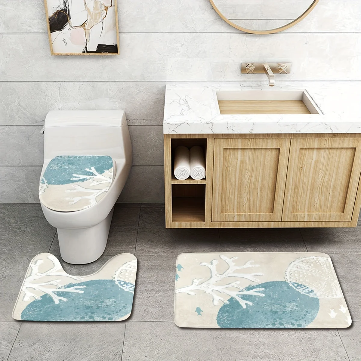 Coastal Coral Bath Mat Set Beach Nautical Bathroom Rug Tropical Sea Life Decor Mat for Home Spa Bath Accessories