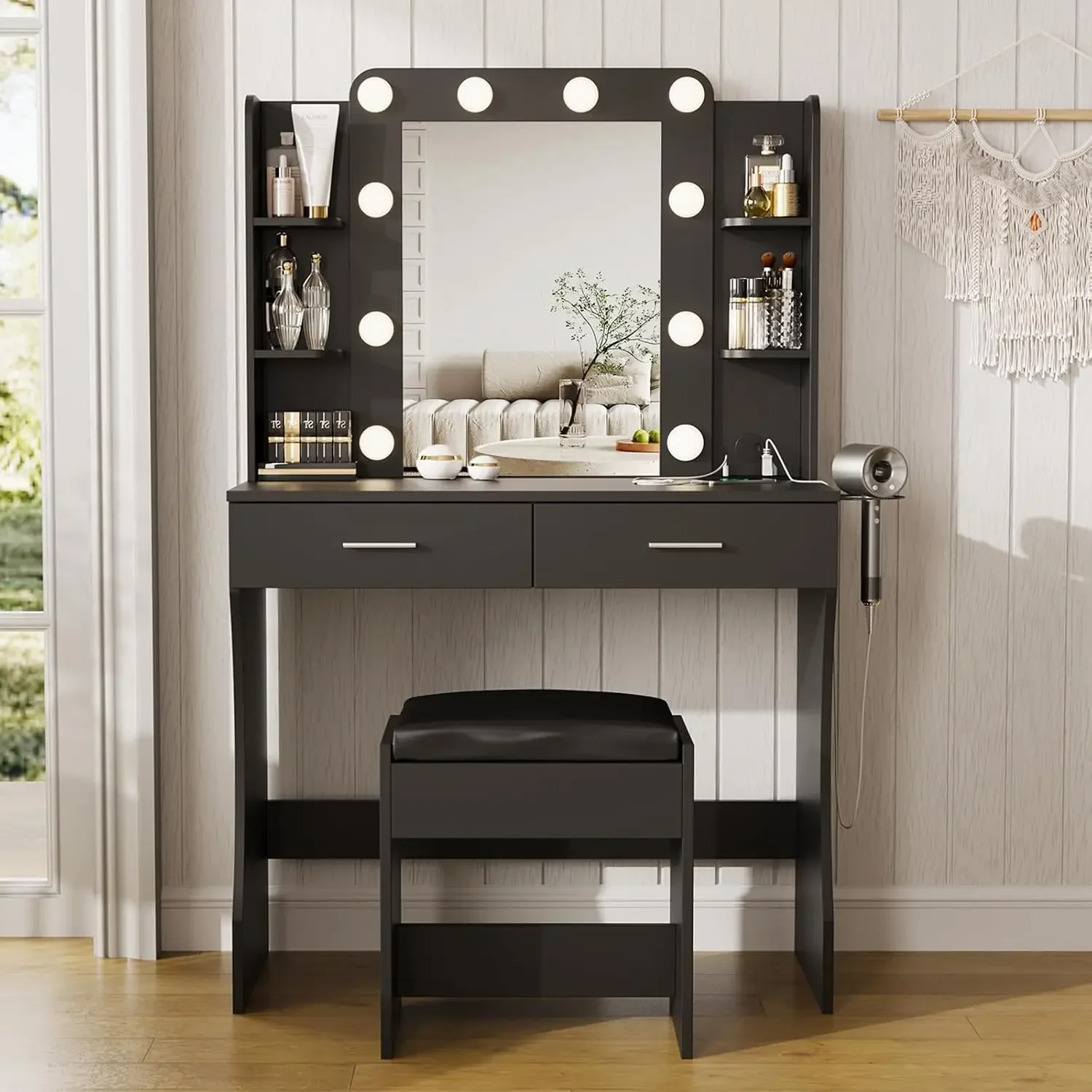 Maupvit Vanity Desk with Mirror and Lights,Makeup Vanity Table Set with Power Outlet,3 Lighting Modes & Adjustable Brightness Dr