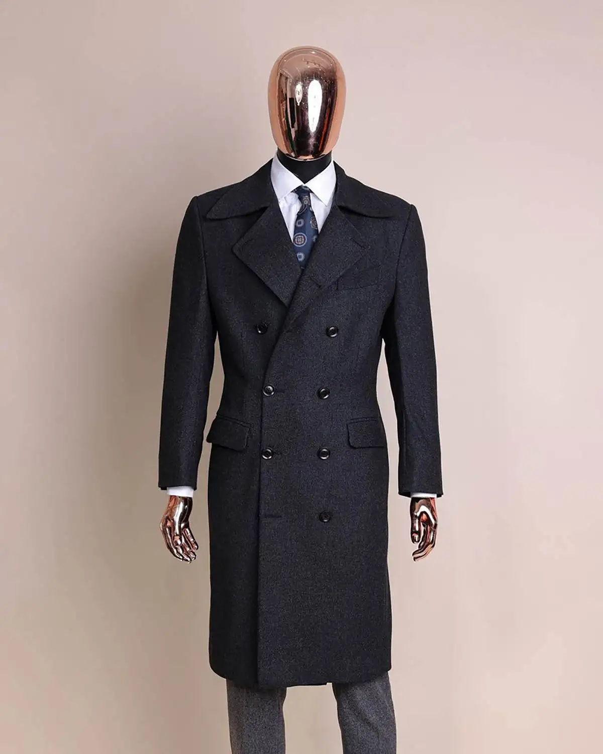 Vintage Men Long Coat Double Breasted Wool Blends Business Blazers Exquisite Notched Lapel Winter Warm Overcoat   Customized