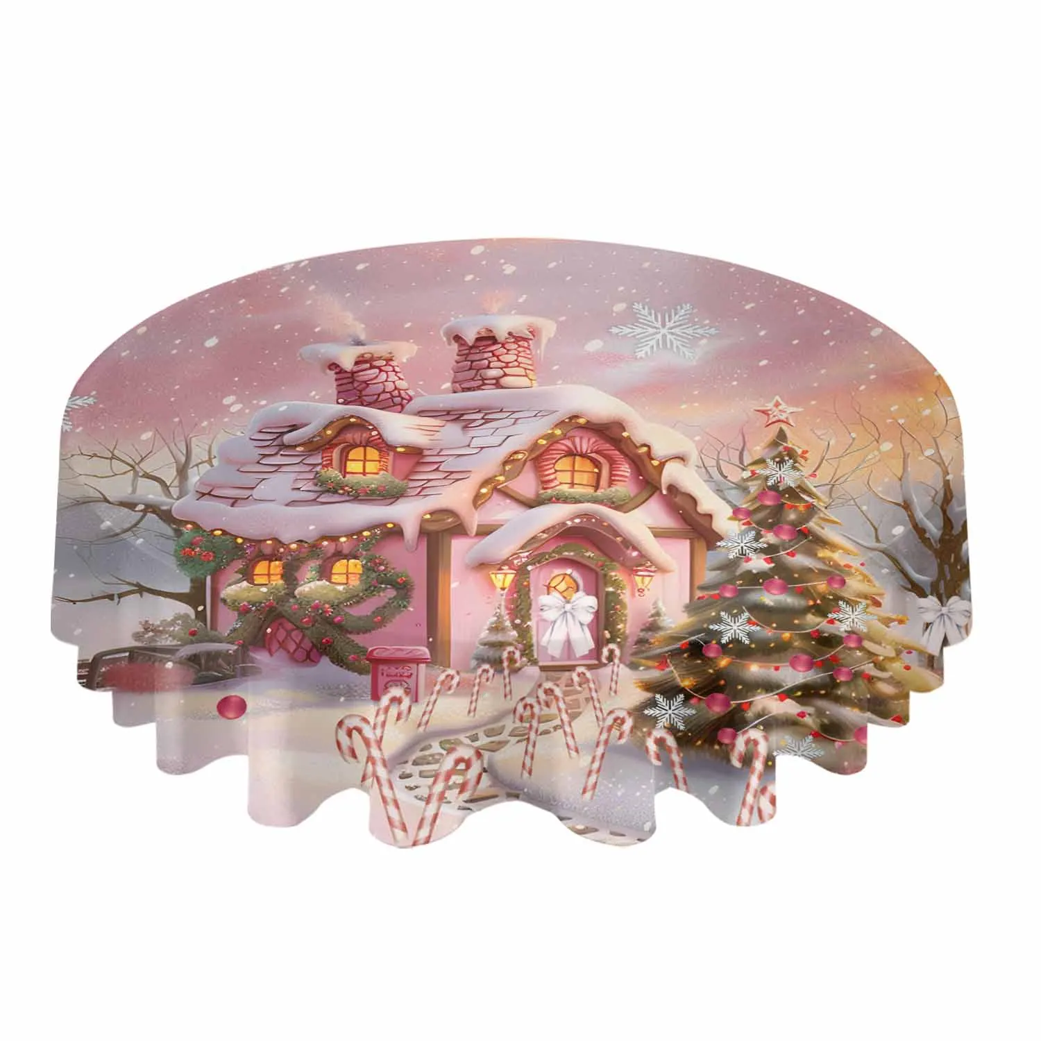 Christmas Candy House Snow View Countryside Waterproof Tablecloth Table Decoration Wedding Home Kitchen Dining Room Round Table