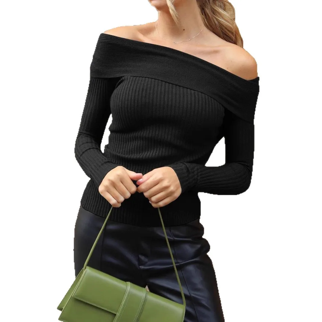 Off Shoulder Pullover Sweater Regular Length Graceful Commuter with Elegant Heat Set Crew Neck Single Spring Women Sweater