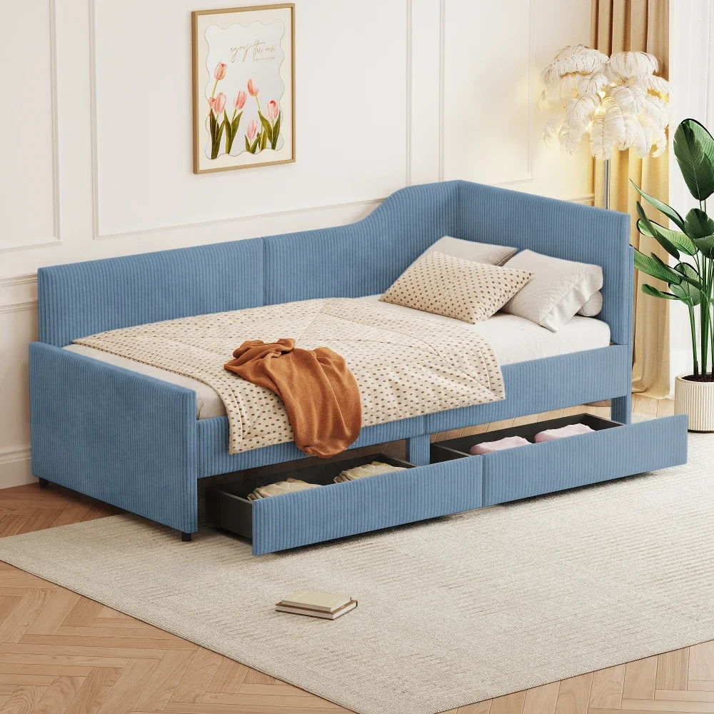 Twin Size Beds, L-Shaped Corduroy Daybed, Upholstered Bed Frame with 2 Storage Drawers, Beds for the Bedroom or Living Room