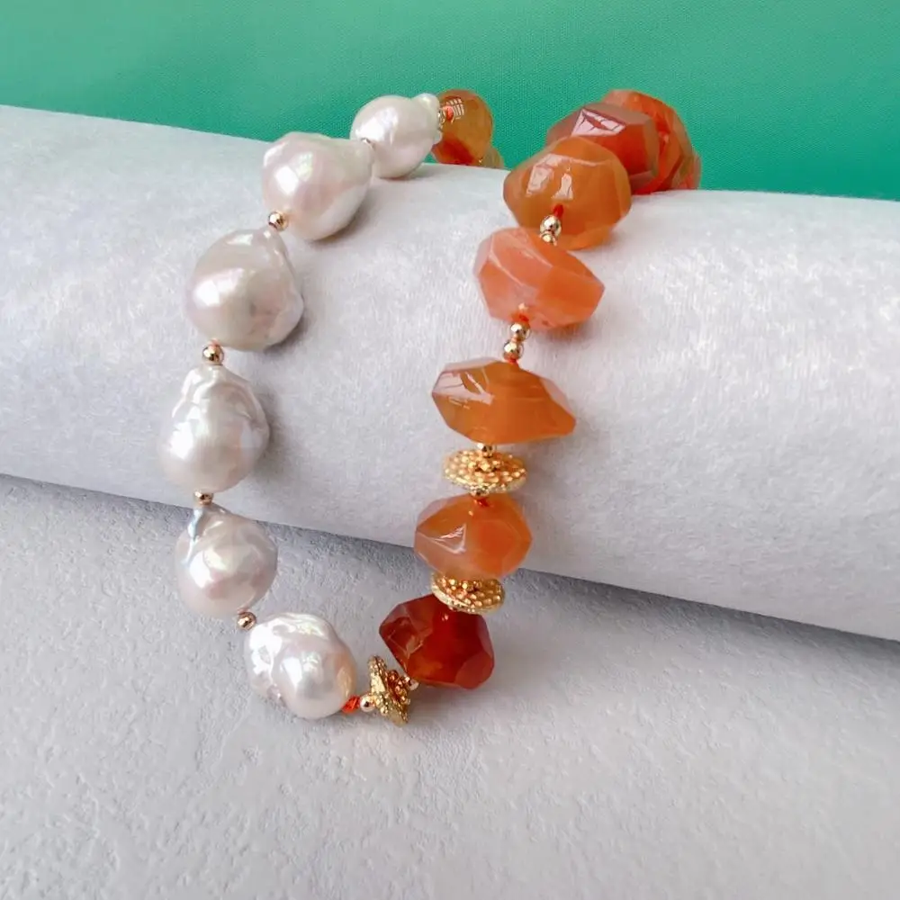 Y·YING Cultured White Baroque Pearl Red Carnelian Nugget Agate Necklace 20.5