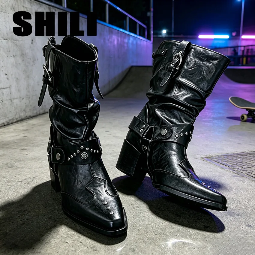 Ankle Bootie Pointed Toe Chunky Heel Boots Studded Motorcycle Boots for Women 2027 New Western Cowboy Boots botas mujer feminina