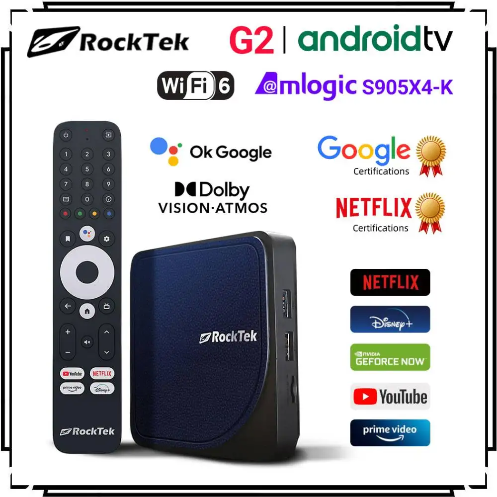 RockTek G2 4K TV Box Android 12 ATV Stream Netflix Google Certified Amlogic S905X4-K Media Player DTS Dolby Audio Vision ATMOS