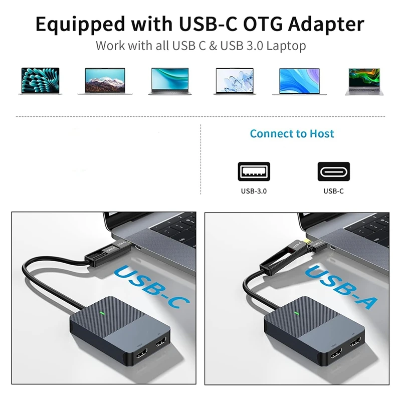 DT23 DisplayLink USB 3.0 Type-C to Dual Extend Mirror 4K60Hz Compatible with 3.5mm Jack OTG for PC Laptop