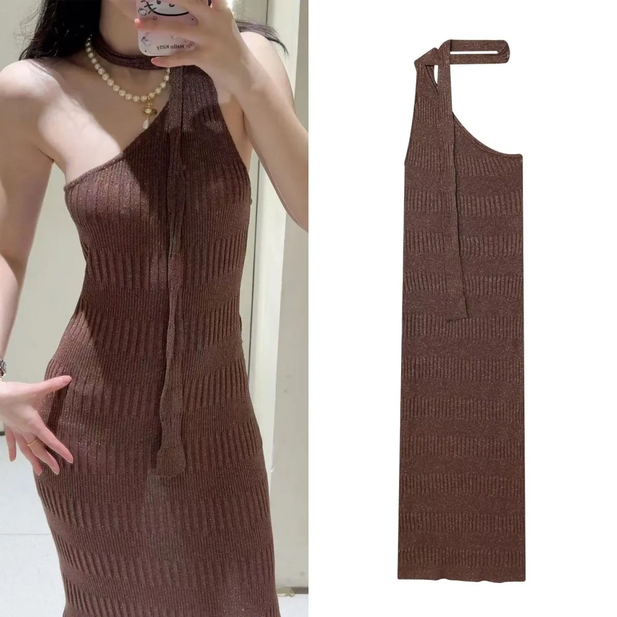 ETJ 2025 mujer otoño nueva moda diseño asimétrico elegante sexy jersey sin mangas MIDI vestido de punto