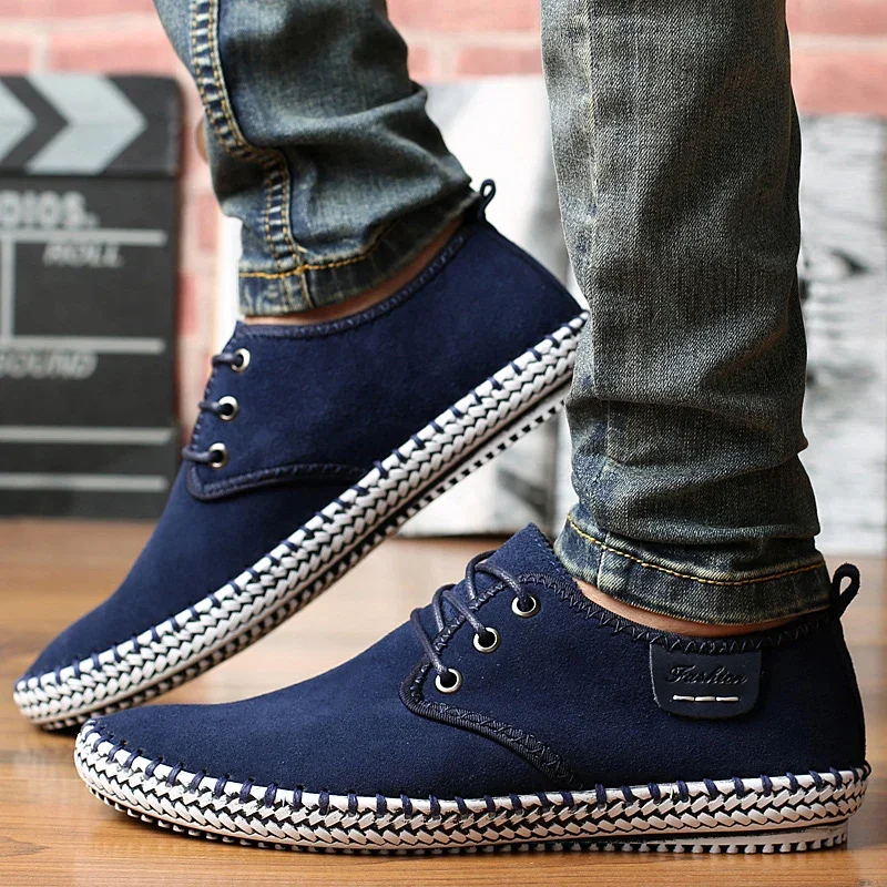 New Fashion Genuine Leather Casual Shoes Men Loafers Cow Suede Men Shoes Breathable Outdoor Flat Shoes Walking Zapatos Sneakers