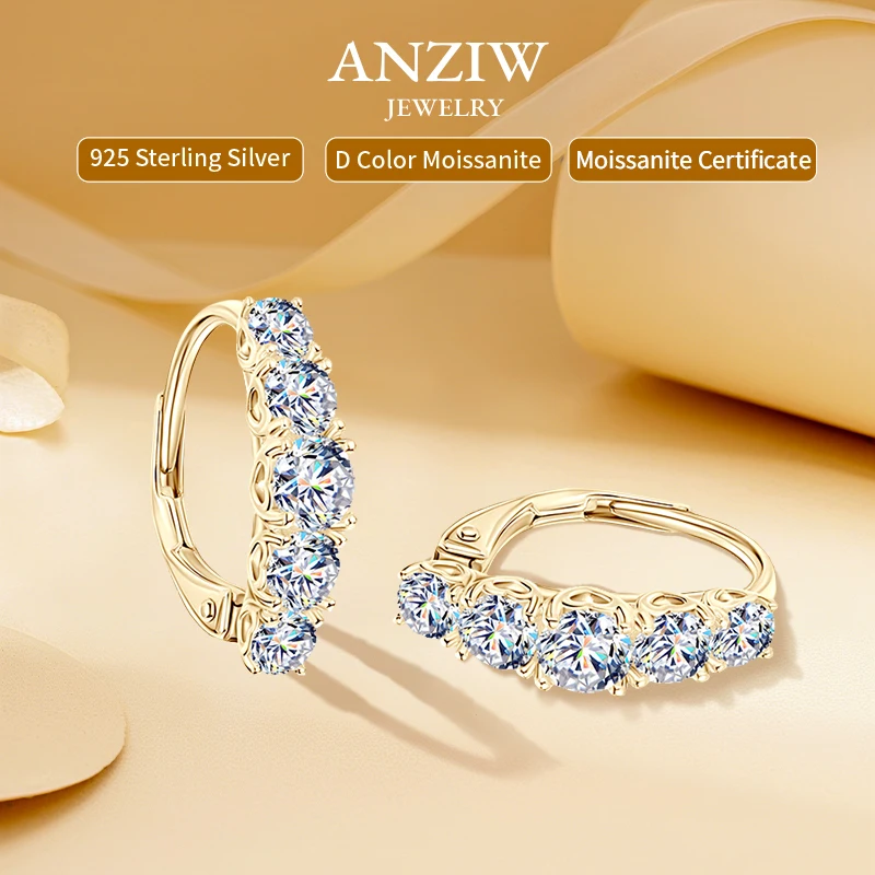 

2025 New D VVS1 Moissanite 5 Stone Hoop Clip Earrings for Women Real 925 Silver Luxury Wedding Jewelry Lab Diamond 4mm&3.5mm&3mm