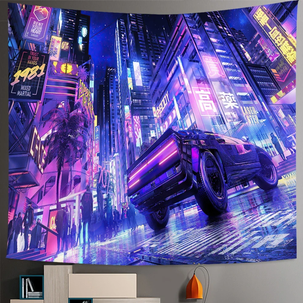 Cyberpunk Tapestry Psychedelic Fantasy Future City Cyberspace Hanging Wall Cloth Neon Good Vibes Only Planet Mountains Poster