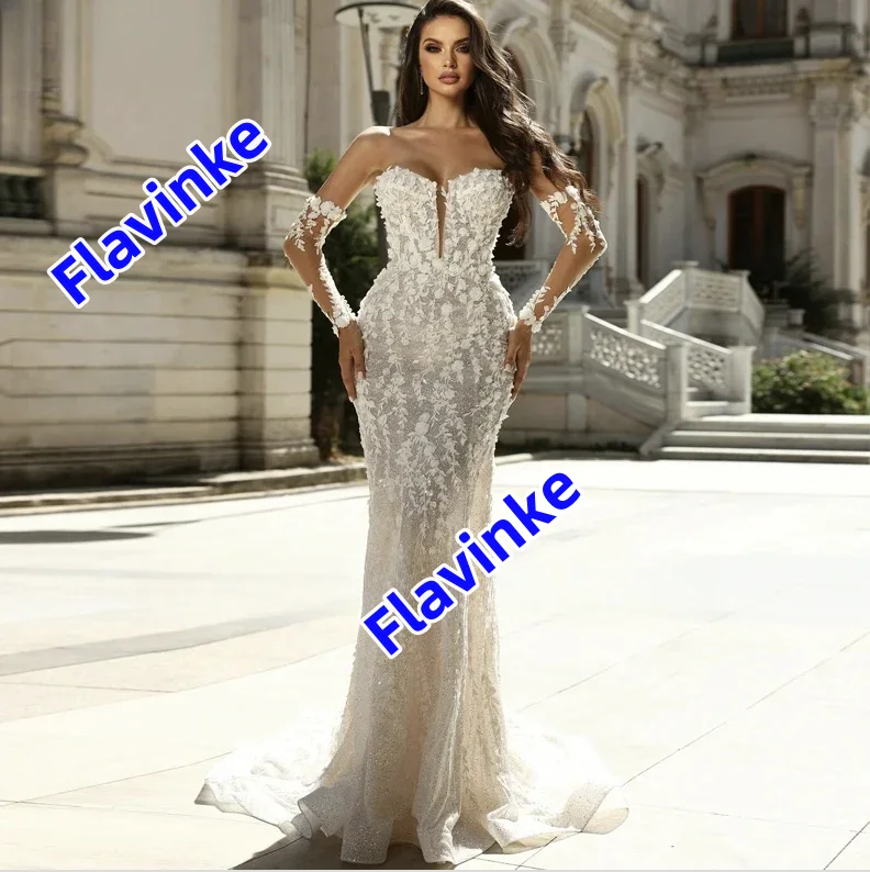 

Flavinke Customized Charming Lace Long Sleeves Strapless Beading Mermaid Wedding Dresses Appliques Detachable Train Bridal Gown
