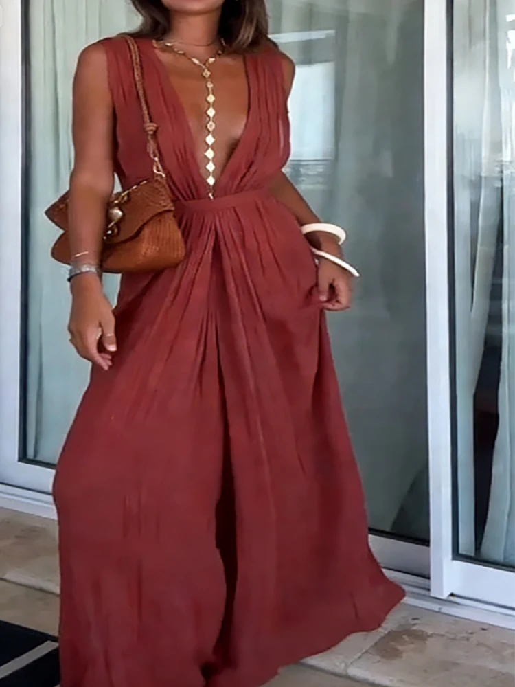 Barboteuse de plage plissée, décontractée, décontractée, décolleté en V profond, sans manches, ample, Simple, couleur unie, taille à lacets, combinaison pour femmes, été