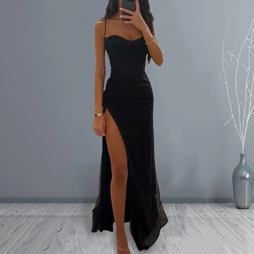 

Comfortable Loose Fit Dress Elegant Sequin Spaghetti Strap Evening Dress with Off Shoulder Detail High Split Women's for Formal