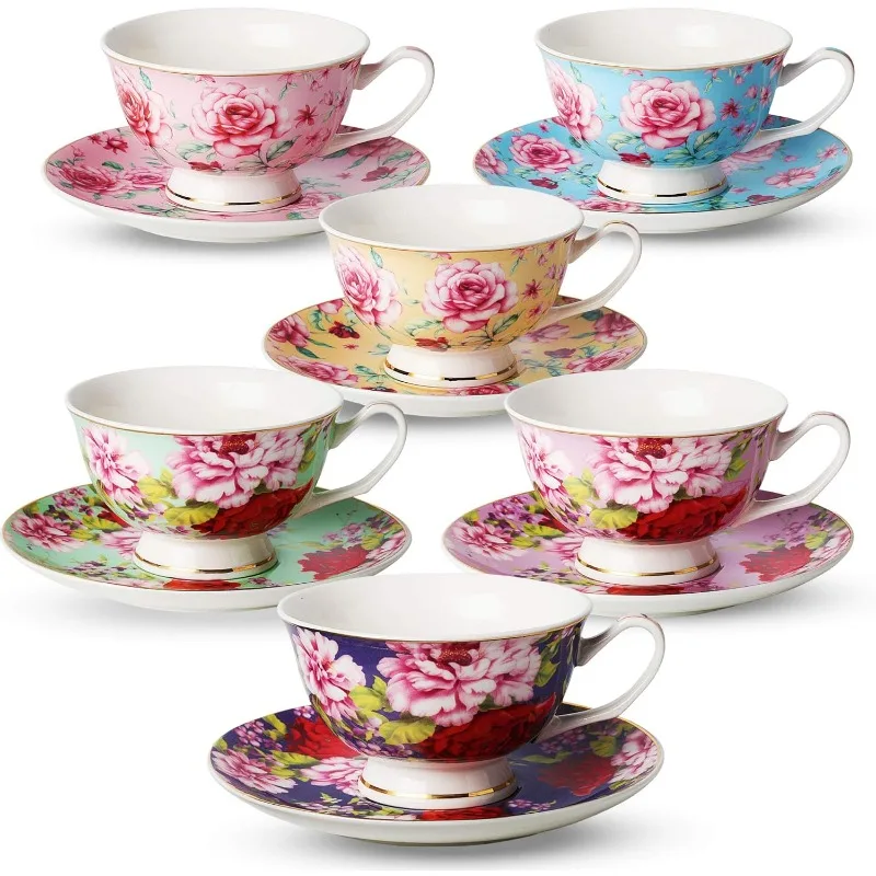 

Tea Cups, Cups and Saucers Set of 6, Tea Set, Floral Cups (8oz), Cups and Saucers Set, Porcelain Tea