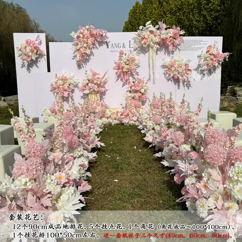 New white pink wedding large flowers wedding flower row, silk flower eucalyptus pink flower row runway road guide wedding