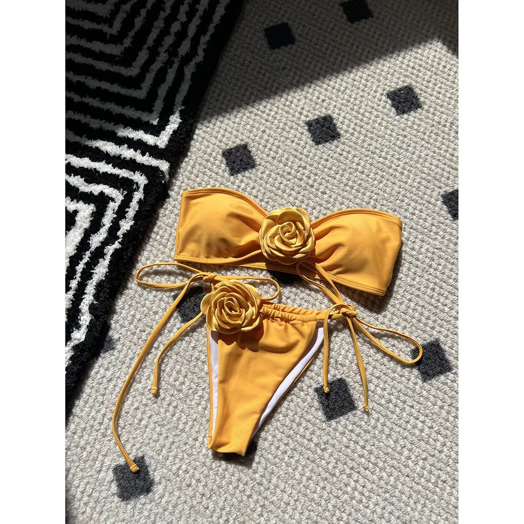 14 Farben, 3D-Blumen, Bandeau-Bikini mit hohem Beinausschnitt, Damen-Badeanzug, zweiteiliges Bikini-Set, Badebekleidung, Badeanzug, Modell V5265. – Detail 39