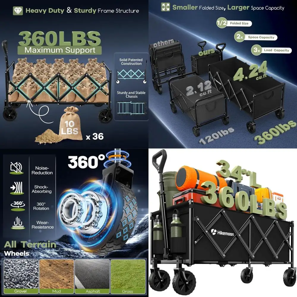 Carrito de Playa Plegable Extra Largo de 34 Pulgadas con Capacidad para 360 Libras, Carrito Utilitario Portátil para Exteriores para Compras, Jardinería y Más