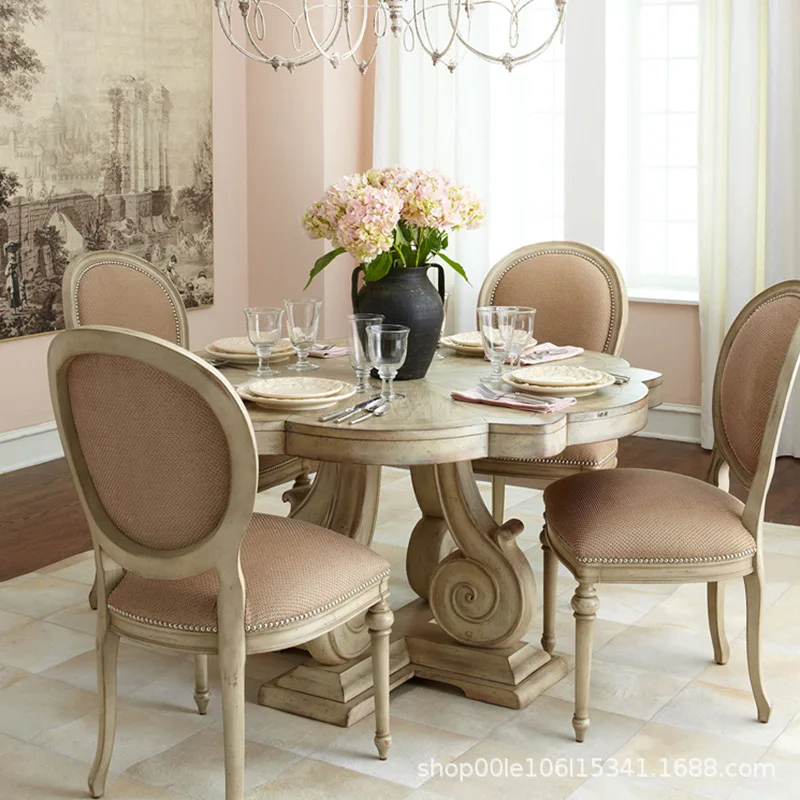 Nordic carved solid wood complex classical restaurant hotel model room with petal dining table and chairs