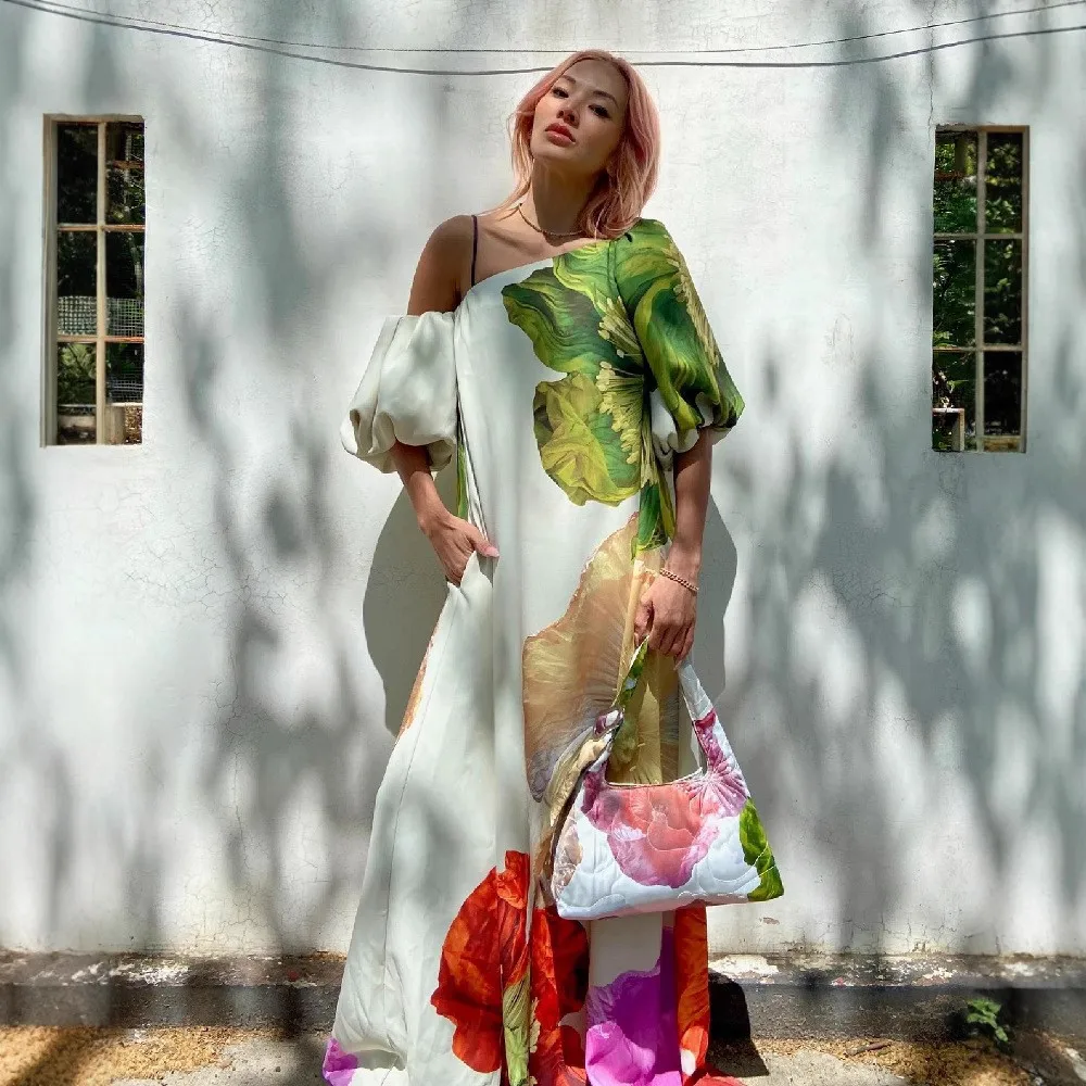 Spring and Summer Long Dress Women Slanted Shoulder Positioning Print Fashion Dress INS Casual Vacation Loose Dress