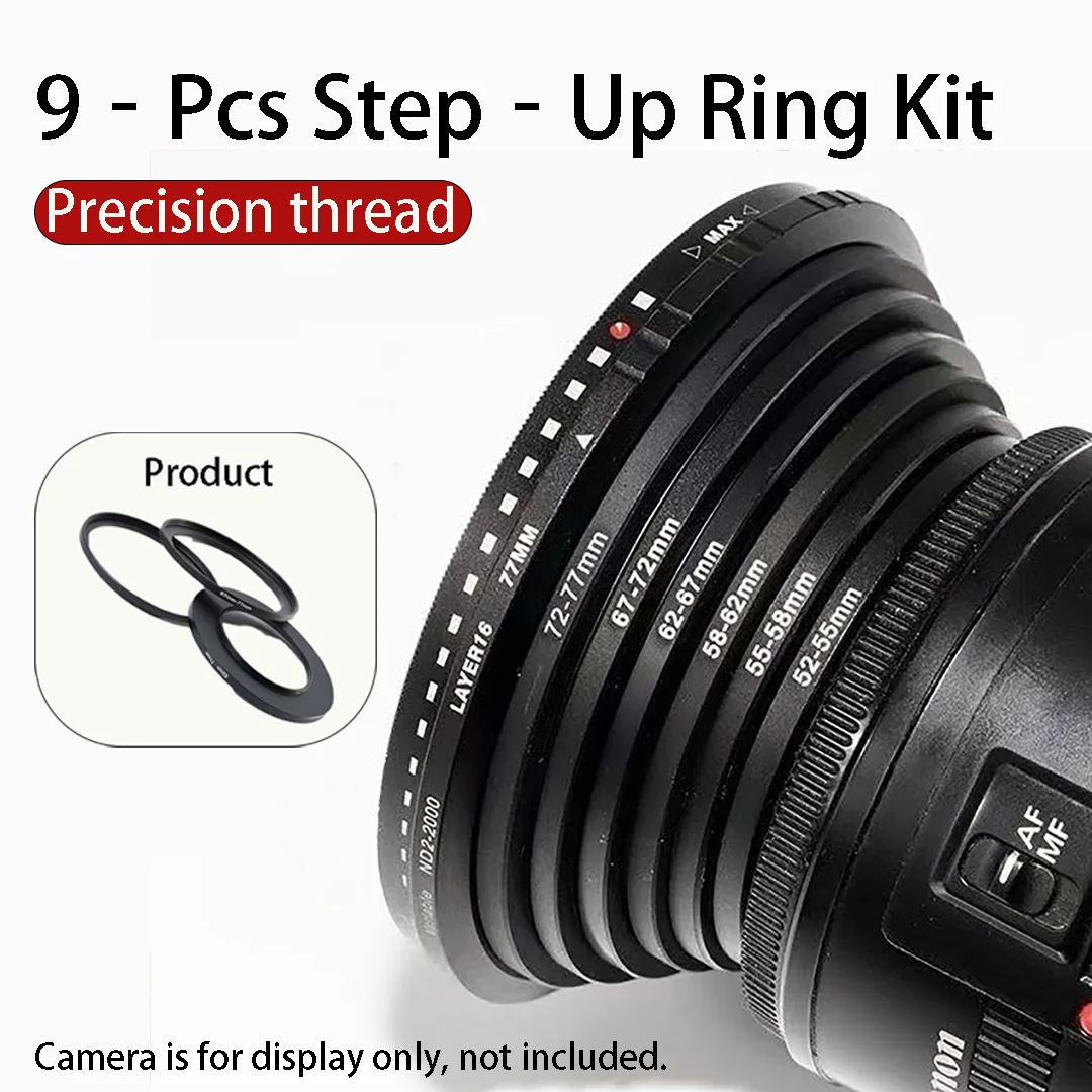 Step Up Lens Adapter Ring Set, 9Pcs 37mm 49mm 52mm 55mm 58mm 62mm 67mm 72mm 77mm 82mm Aluminum, Camera Accessory