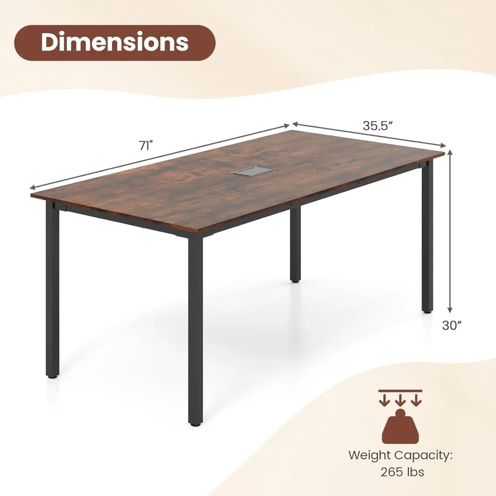 طاولة مؤتمرات، طاولة مكتب كبيرة مقاس 71 بوصة × 35.5 بوصة مع حلقة كابل، أرجل معدنية قوية، مكتب كمبيوتر طويل جدًا لغرفة اللوحة