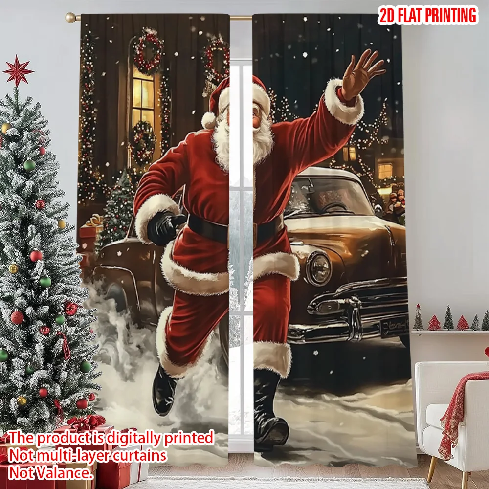 

2pcs 2D flat printing Merry Christmas Popular Curtains Santa Claus Car Versatile Durable Polyester Without Electricity Holiday