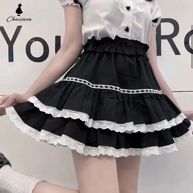 

Lace Ruffles Women High Waist Tutu A-line Skirt Black Cake Skirts Elastic Waist Lolita Sweet Cute Preppy Style Fashion Summer