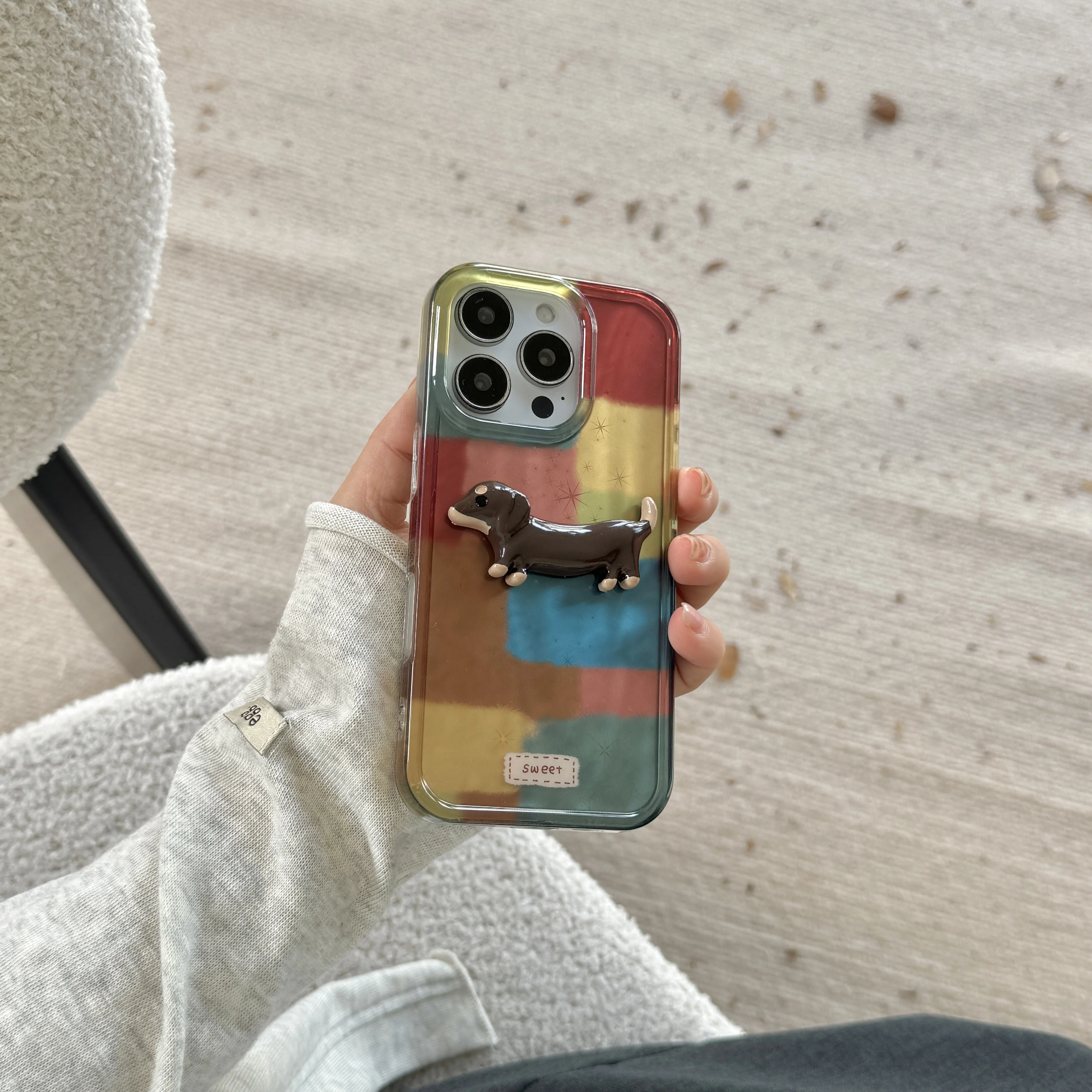 Estética de retazos coloridos con funda de teléfono 3D Kawaii Dachshund para iPhone 17 16 15 14 13 Pro Max funda trasera para teléfono Capa