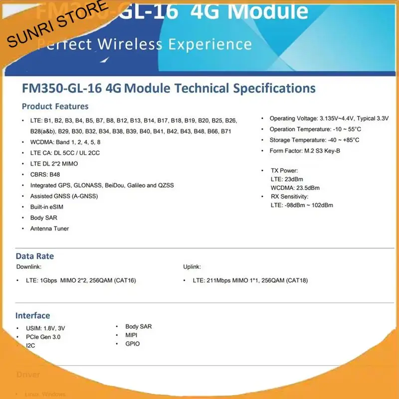 

Модуль SUNRI-FM350-GL-16 4G для HP X14 X16 Ryzen Edition 830 G8 LTE Cat16 Модуль 1 Гбит/с
