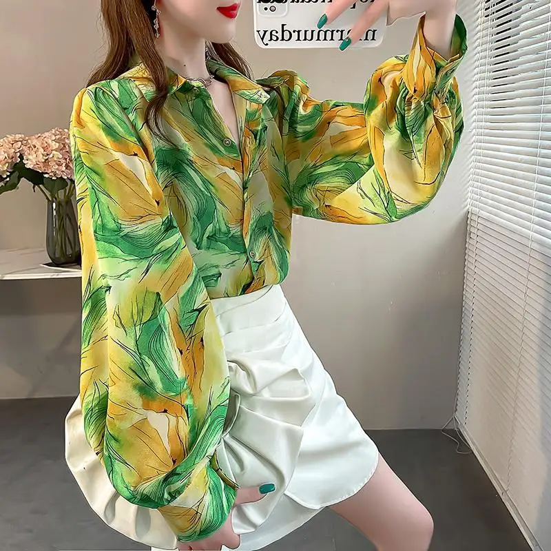 Vintage Hong Kong Style Printed Shirt Women\'s Clothing Turn-down Collar Stylish Single-breasted Spring Loose Long Sleeve Blouse