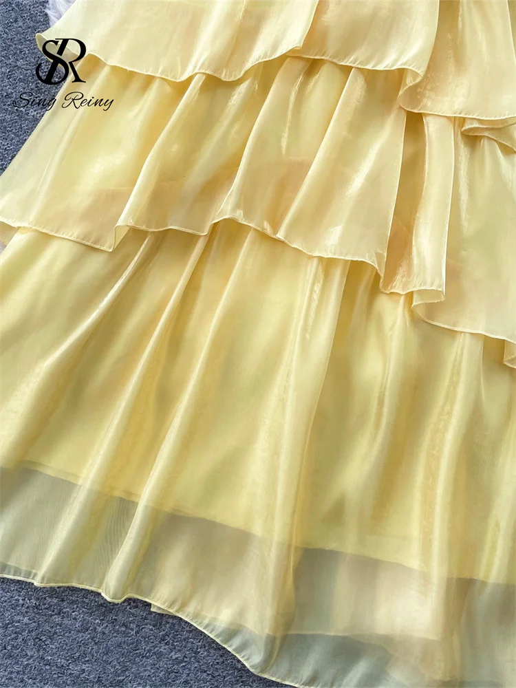 SINGREINY Shiny Chiffon Party Dress French Fairycore Slim A-Line High Waist Zipper Shirred Women Summer Vacation Cake Long Dress - Image 4