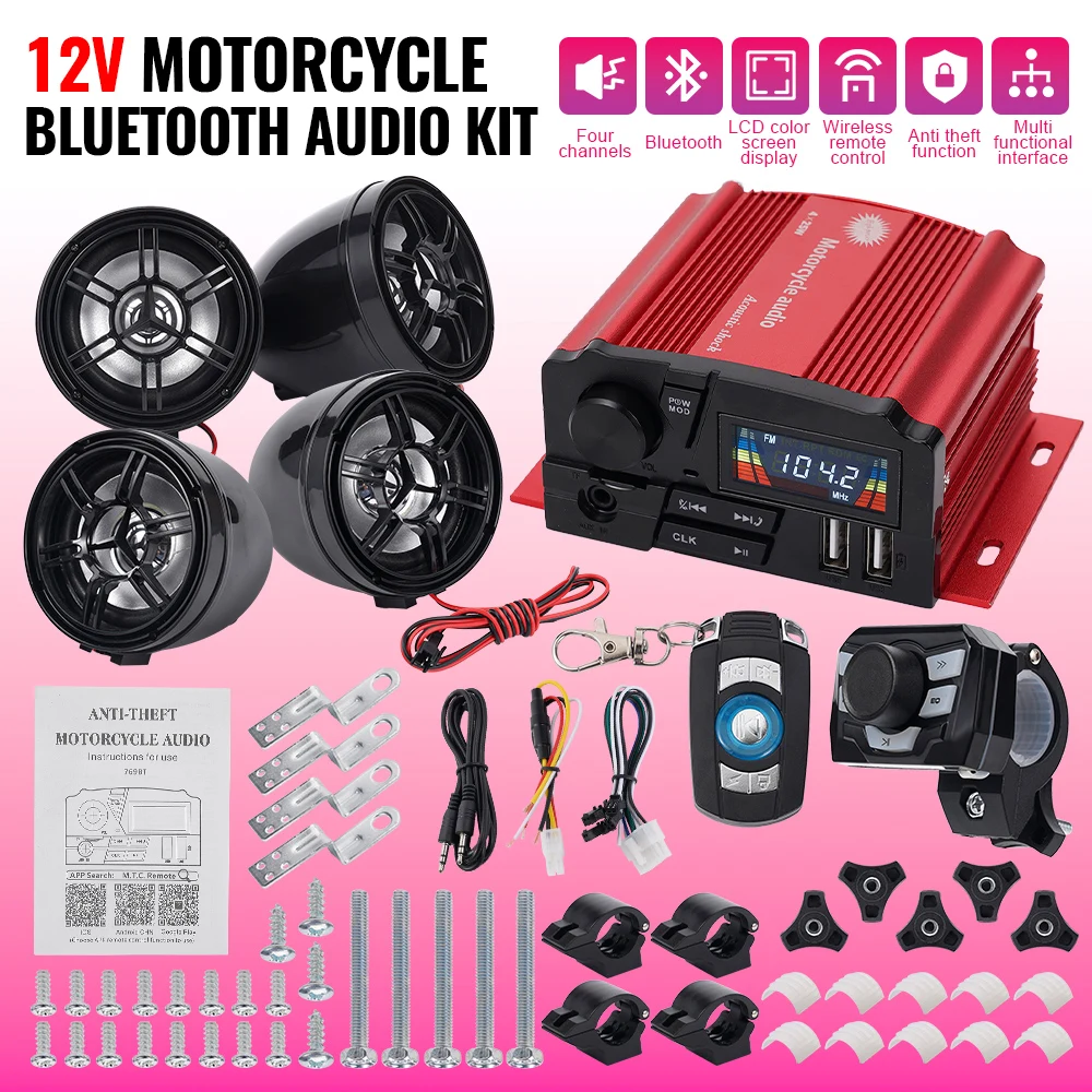 12V 4-Channel Motorcycle Bluetooth Audio Kit Red Sound System 2 Speakers TF USB MP3 Waterproof Anti-theft Alarm FM Radio