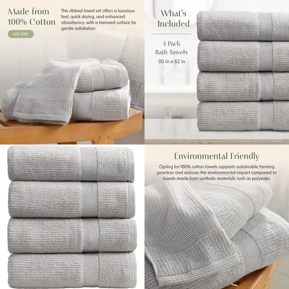 

Set of 4 Grey Bath Towels: Ribbed, 100% Combed Cotton, Absorbent & Quick-Dry, Oeko-TEX® Certified, Mauro Collection - High Rise