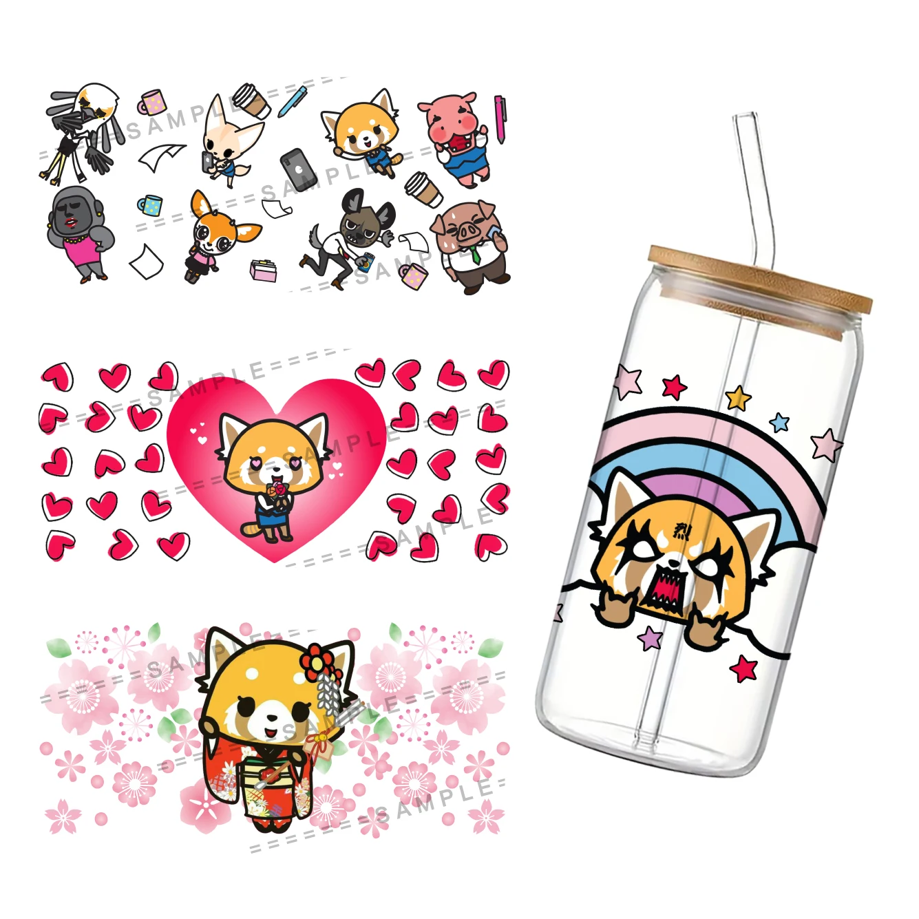 Sanrio Aggretsuko UV DTF Cup Wrap Transfer Sticker for 16 Oz Glass Coffee Cups UV DTF Transfer UV Transfer Crystal Sticker