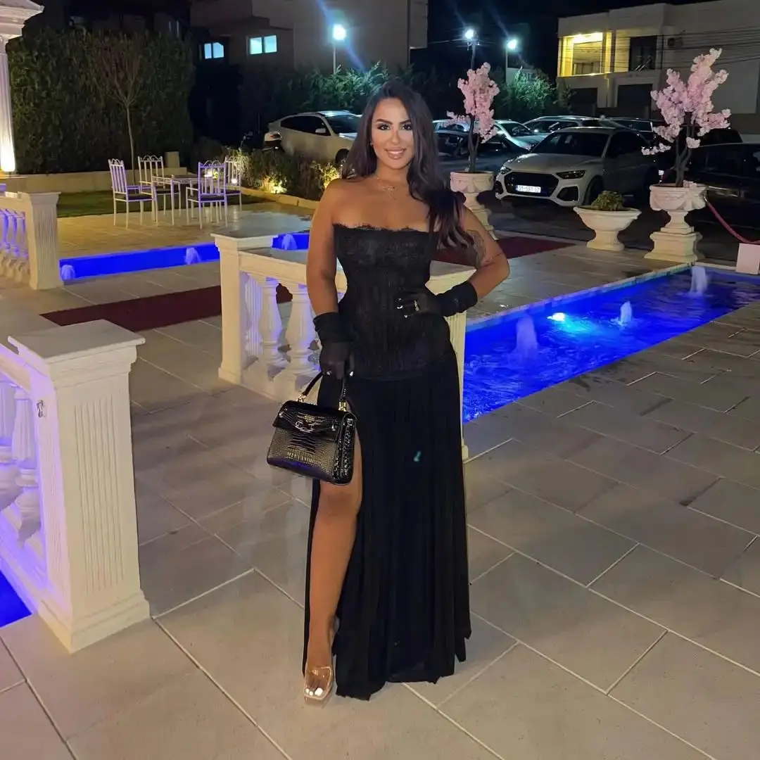 

Ofherown Pleat Lace Evening Strapless Evening Dresses High Slit Prom Gowns Special Occasion فساتين سهرة Customized