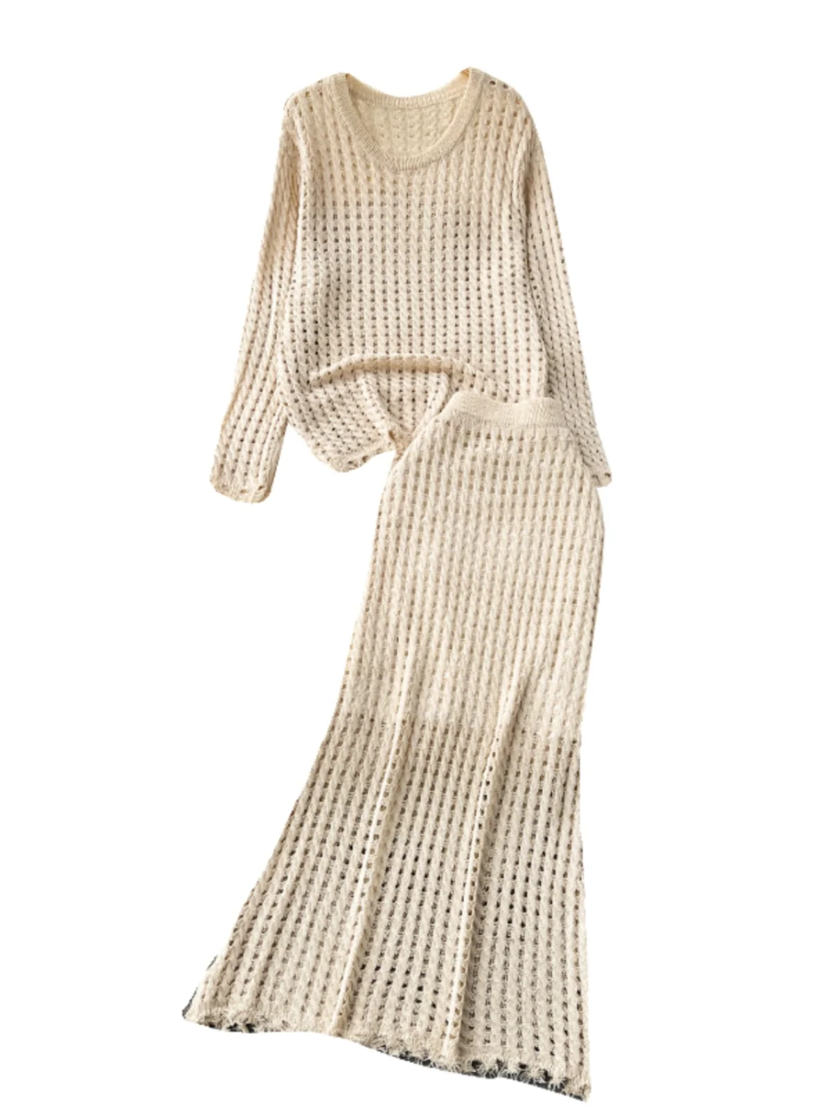 

Korean Early Spring Lazy Sle Knitted Set Women's Design Hollow out Top Versatile Skirt Two Piece Set Faionable