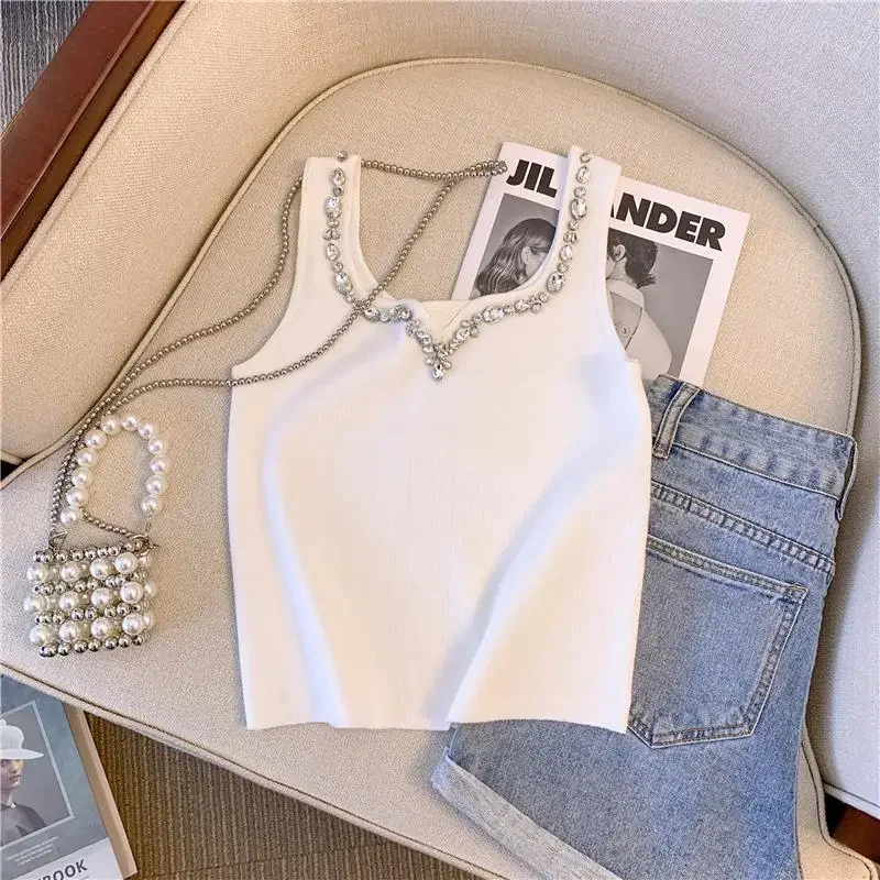 

Sexy Diamonds Slim Knit Vests Women Crop Tops Summer Sleeveless Streetwear Stylish Solid Chic Female Knitwear Vests Jumpers L142