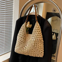 Summer Straw Bag Hollow Out Hobo Bag Large Vacation Bag Solid Color Holiday Travel Handbag Boho Shoulder Purse for Women