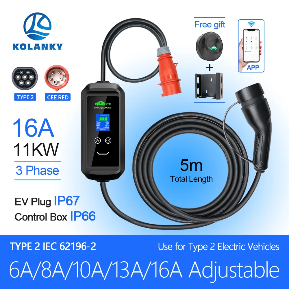 Portable11KW 16A 3P EV Charger Wallbox Wallmount  IEC 62196 Type 2 Plug Tuya APP/Normal WIFI Charging Electric Vehicle Cable 5M