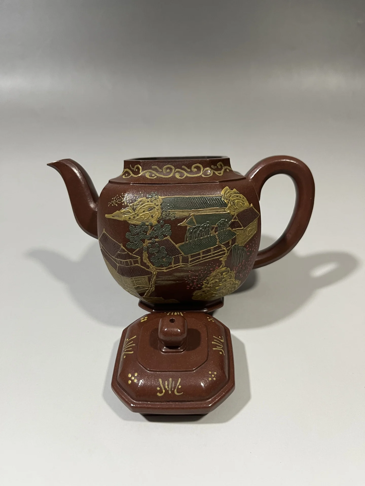Old Chinese Handicraft Enameled YiXing Zisha (red stoneware) Teapot,Original purple clay ore,Pavilion and pagoda patterns