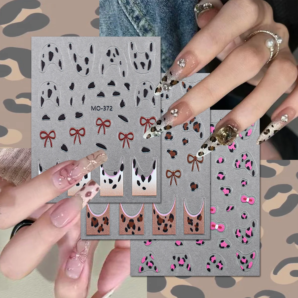 3/6 Blatt Nagelaufkleber-Set mit Leopardenmuster und französischer Spitze (Braun/Weiß/Rosa), selbstklebende Nagelkunst-Abziehbilder mit Tiermuster und Schleife